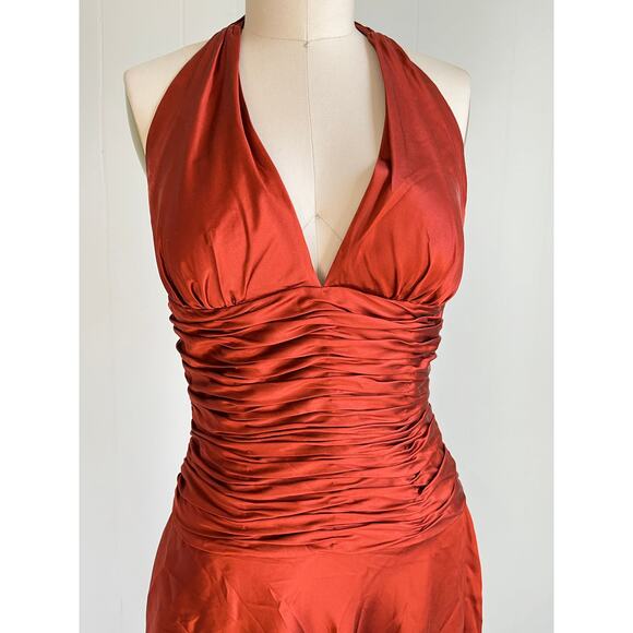 Vintage Y2K Cache Silk Ruched Dress 4 Burnt Orange Rust Asymmetric Fairy Halter - Picture 3 of 16